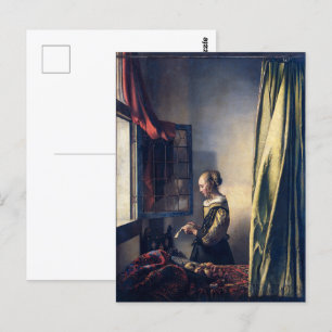 Mädchen beim Lesen eines Briefes am offenen Fenste Postkarte