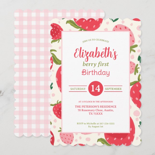 Mädchen Berry Erster Geburtstag Süßes Erdbeermuste Einladung (Vorne/Hinten)