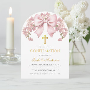 Mädchen Bestätigung Rosa Schleife Blumen & Kreuz E Einladung