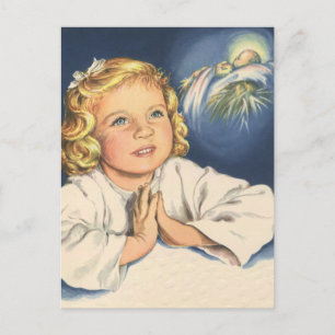 Mädchen betet zu Jesus Christus, Abendgebete Postkarte