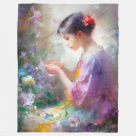 Mädchen bewundert eine Blume in ihren Händen Fleecedecke