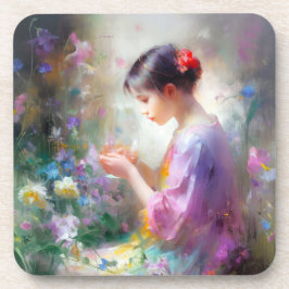 Mädchen bewundert eine Blume in ihren Händen Getränkeuntersetzer