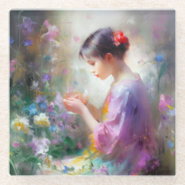 Mädchen bewundert eine Blume in ihren Händen Glasuntersetzer