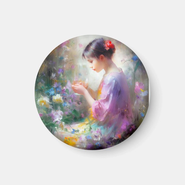 Mädchen bewundert eine Blume in ihren Händen Magnet (Vorne)