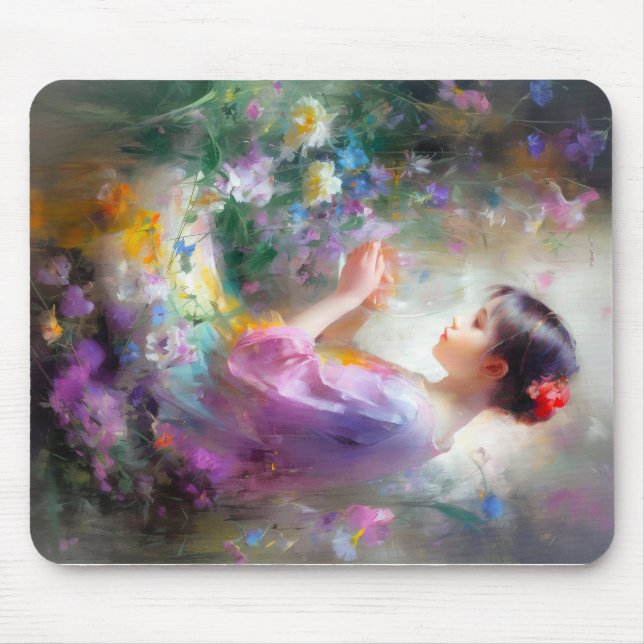 Mädchen bewundert eine Blume in ihren Händen Mousepad (Vorne)