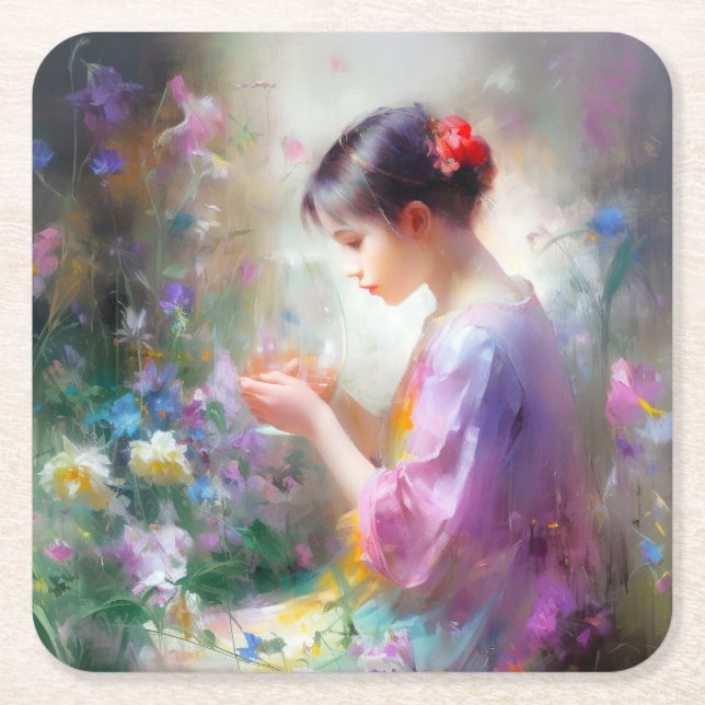 Mädchen bewundert eine Blume in ihren Händen Rechteckiger Pappuntersetzer (Vorderseite)