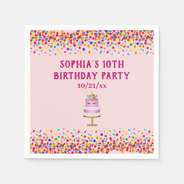 Mädchen Birthday Pink Unicorn Cake Rainbow Confett Serviette (Vorderseite)