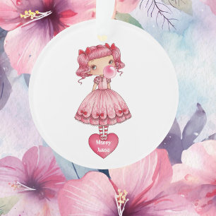 Mädchen bläst rosa Kaugummiblase, Geburtstag Ornament