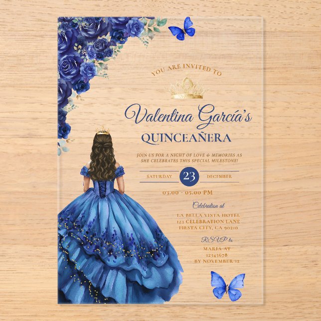 Mädchen Blaue Kleid Quinceañera 15 Anos Blumen Gol Acryleinladungen (Vorderseite)