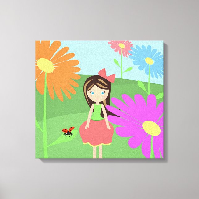 Mädchen, Blume und Ladybug Leinwanddruck (Vorderseite)