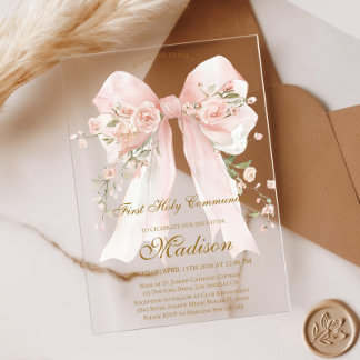 Mädchen Blumen-Schleife Erste Heilige Kommunion Acryleinladungen
