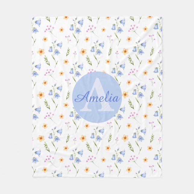 Mädchen Blumenmuster Monogramm Name Kinderdecke Fleecedecke (Vorderseite)