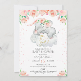 Mädchen Blumenschläfer Elephant Babydusche Einladung