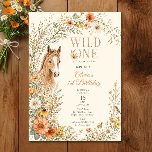 Mädchen Boho Orange Wildblumen Pferd Geburtstag Einladung (Von Creator hochgeladen)