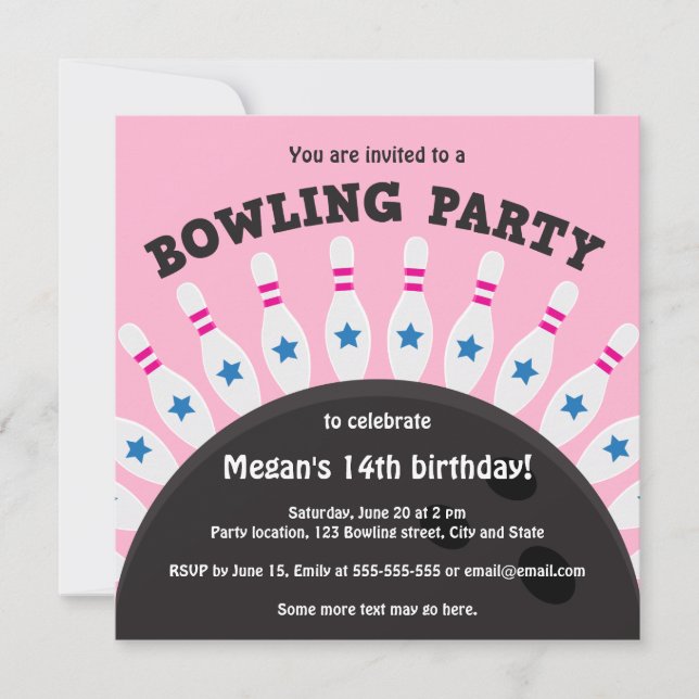 Mädchen-Bowlings-Party laden mit Buttonen, rosa Einladung (Vorderseite)
