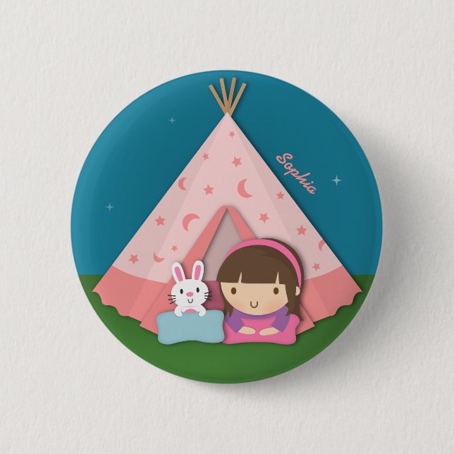 Mädchen Camping Tipi Zelt Hase Button (Vorderseite)