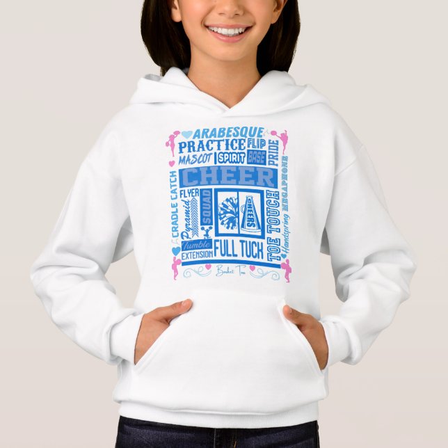 Mädchen Cheerleader Typografie in Blau und Rosa Hoodie (Vorderseite)