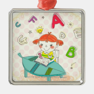 Mädchen, das auf dem Stuhl, studierend sitzt Silbernes Ornament