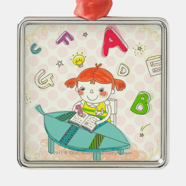 Mädchen, das auf dem Stuhl, studierend sitzt Silbernes Ornament (Vorne)