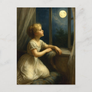 Mädchen, das durch das Fenster einen Vollmond betr Postkarte