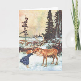 "Mädchen, das ein Ren" Vintage Weihnachtskarte Feiertagskarte