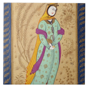 Mädchen, das ein Weinschiff und eine Birne, vom L Fliese