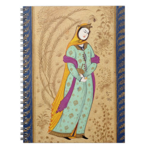 Mädchen, das ein Weinschiff und eine Birne, vom L Notizblock