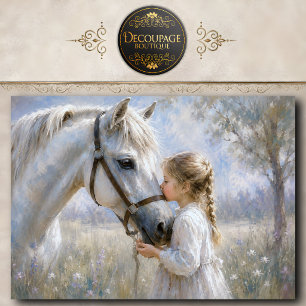 Mädchen, das ein weißes Pferd küsst - Decoupage Seidenpapier