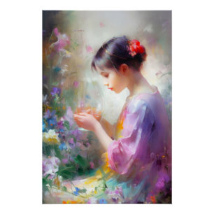 Mädchen, das eine Blume in ihren Händen bewundert Poster