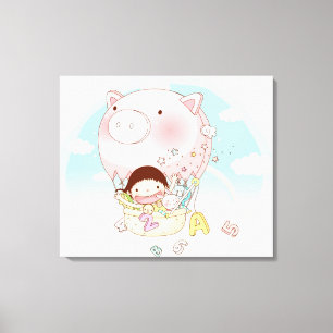 Mädchen, das im Heißluftballon, lächelnd sitzt Leinwanddruck