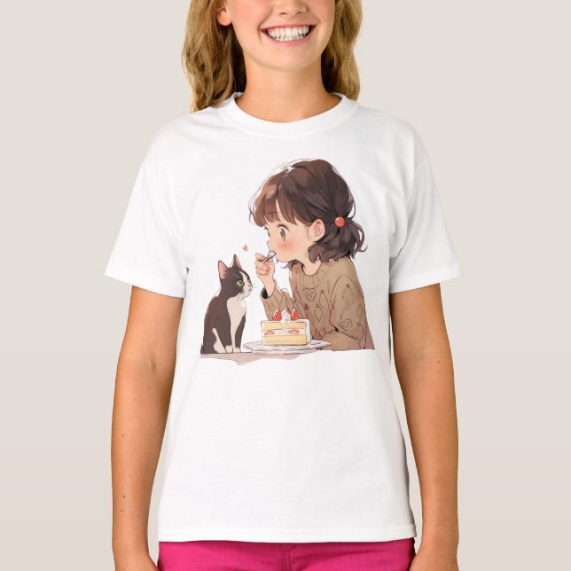 Mädchen, das Katze füttert, Illustration T-Shirt | (Vorderseite)