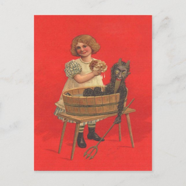 Mädchen, das Krampus säubert Postkarte (Vorderseite)