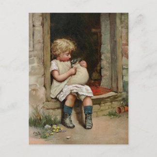 Mädchen, das niedlichen Welpen Vintag hält Postkarte