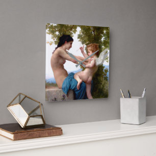 Mädchen, das sich gegen Eros Cupid Fine Art vertei Quadratische Wanduhr