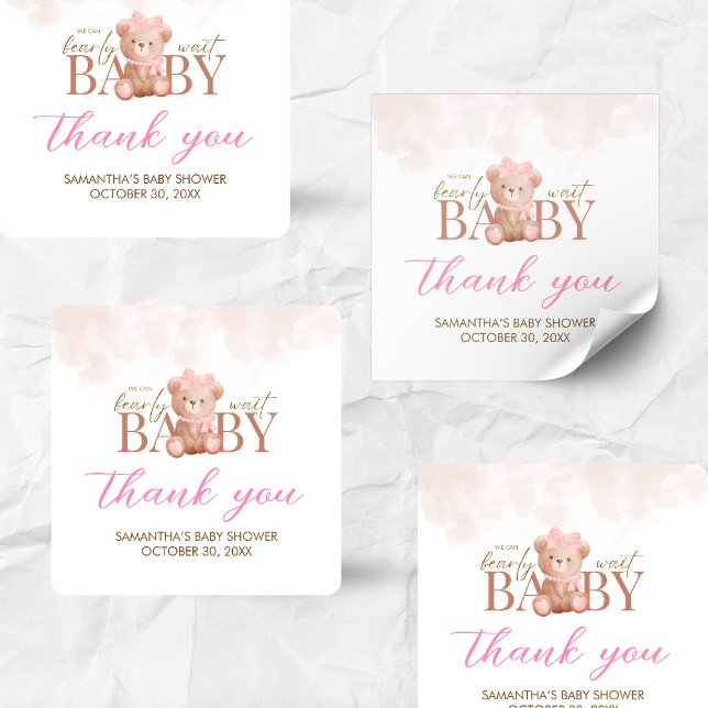 Mädchen, das wir frühzeitig abwarten können quadratischer aufkleber (We Can Bearly Wait Pink Bear Baby Shower Sticker)
