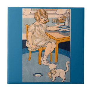 Mädchen der 1920er und ihre kleine weiße Katze Fliese