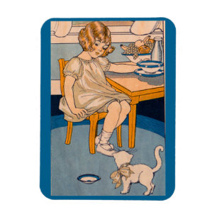 Mädchen der 1920er und ihre kleine weiße Katze Magnet
