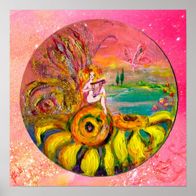 MÄDCHEN DER SONNENBLUMEN Gelb-Rosa-Glitzern Poster (Vorne)