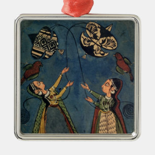 Mädchen, die Drachen, Kulu Volksmalerei, Himachal Silbernes Ornament