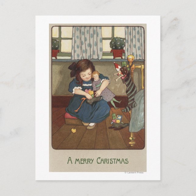 Mädchen, die ihre Schuhe mit Goodies überprüfen Postkarte (Vorderseite)