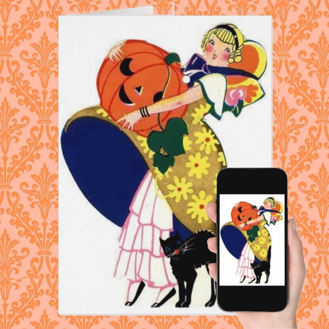 Mädchen, die Pumpkin mit schwarzer Katze tragen (Von Creator hochgeladen)