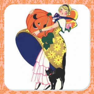 Mädchen, die Pumpkin mit schwarzer Katze tragen Untersetzer