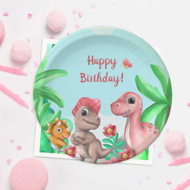 Mädchen-Dinosaurier-Geburtstag Pappteller (Girl's Dinosaur Birthday Party Plate)