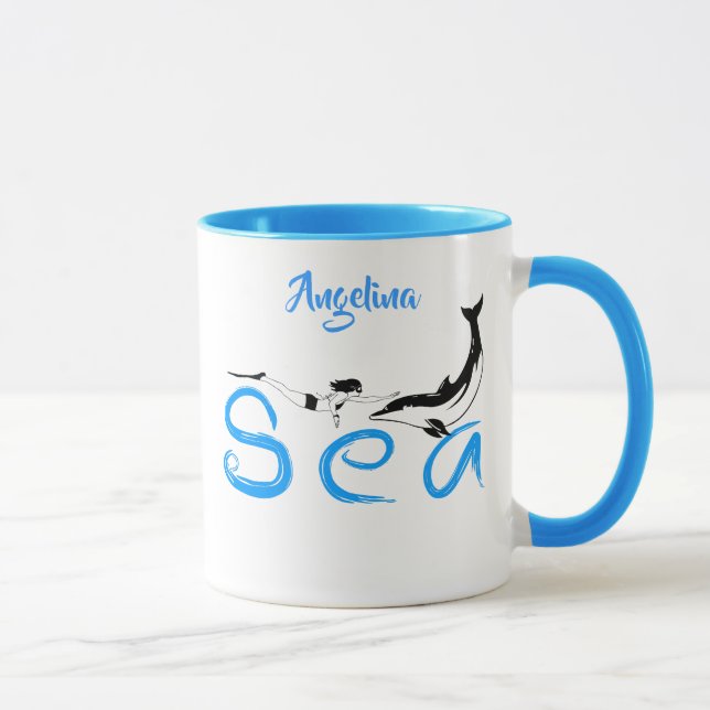 Mädchen, Dolphin, Meer lustig, elegant anpassbar Tasse (Rechts)