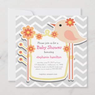 Mädchen Dusche graue Zickzack Blume Vögel Einladung