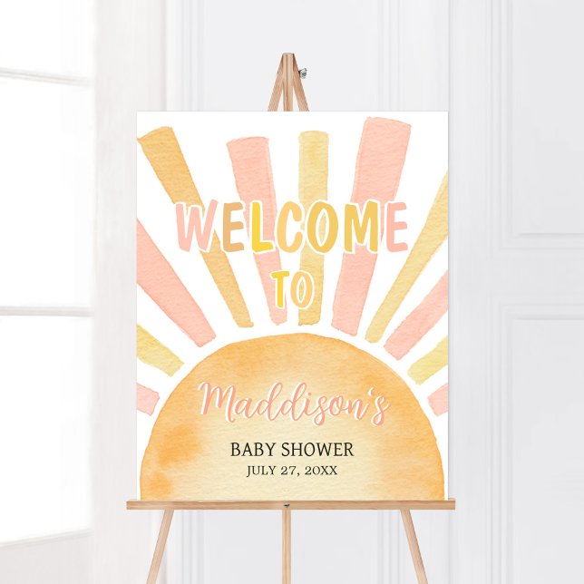 Mädchen ein wenig Ray Sunshine Baby Dusche Willkom Poster (Pink Boho Sunshine Baby Shower Welcome Sign)