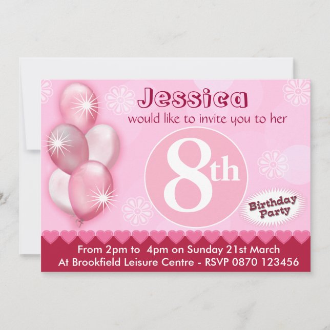 Mädchen Einladungsballons zum Geburtstag - jedes A Einladung (Vorderseite)