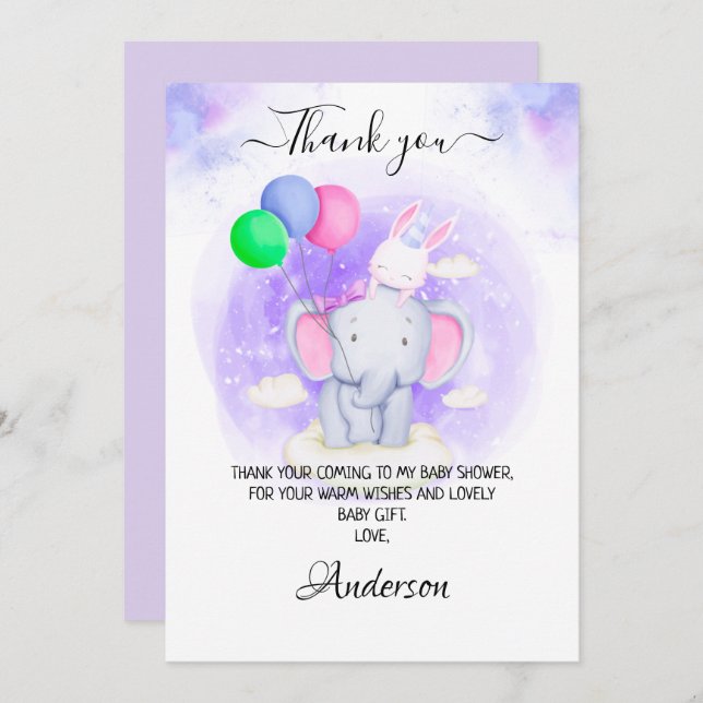 Mädchen Elefant, Kaninchen mit Balloons Babydusche Dankeskarte (Vorne/Hinten)