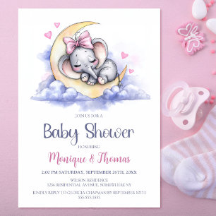 Mädchen Elefant Mond Baby Shower Einladung