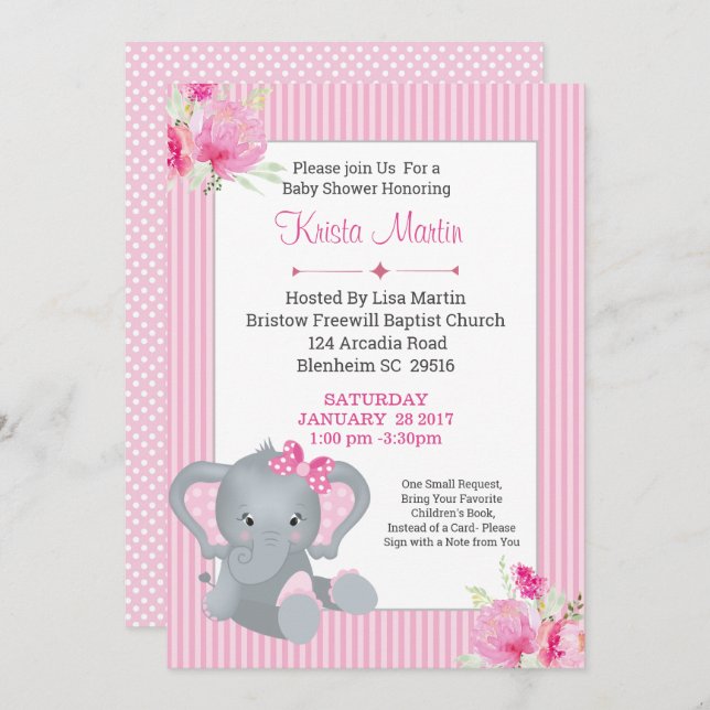 Mädchen Elephant Floral bringen ein Buch Baby Dusc Einladung (Vorne/Hinten)